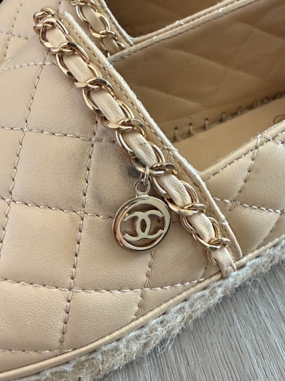 CHANEL Quilted Beige Leather Espadrilles with Black Cap Toe & Gold Chain - Picture 8 of 8